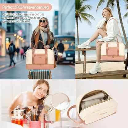 3PCS Weekender Bags for Women Large Overnight Bag, Pink Beige - color: Pink Beige