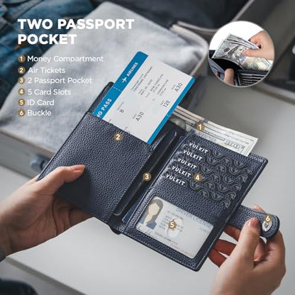 VULKIT Dual Passport Wallet for RFID 2 Passports Holder - color: Navy