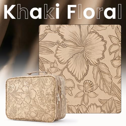 Makeup Bag with LED Lighted Mirror 12.2 IN Cosmetic Train Case Double Layer - color: 12.2 Inch Khaki Floral