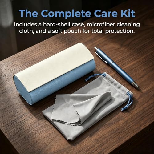 Double Sided Glasses Case Hard Shell,Sunglasses Case & Eyeglass Case with Cleaning Cloth & Storage Pouch - color: Haze Blue-cream White