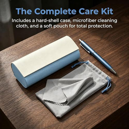 Double Sided Glasses Case Hard Shell,Sunglasses Case & Eyeglass Case with Cleaning Cloth & Storage Pouch - color: Haze Blue-cream White