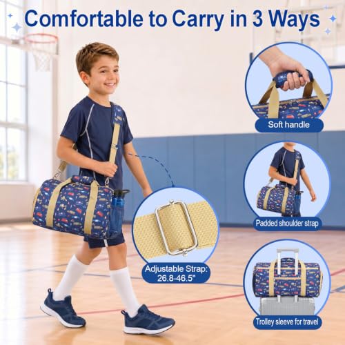 Bagseri Boys Duffle Bag for Travel - Kids Gym Bag with Shoe Compartment - color: B6-Yellow Trucks, size: Medium - 17.3 x 9 x 9.7 in