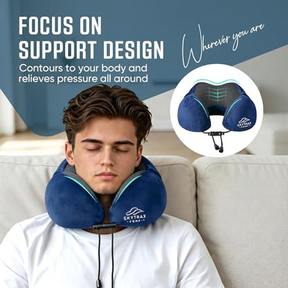 SkytraxComf® Travel Neck Pillow with Hood for Privacy on Long Flights - color: Navy Blue