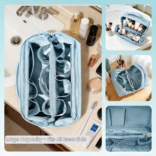 Fold Down Standing Makeup Bag – Large Travel Toiletry Organizer (Blue) - color: Blue