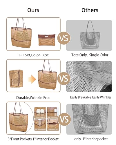 Mesh Beach Tote Bag for Women, 2-in-1 Large Lightweight Foldable Design - color: Khaki