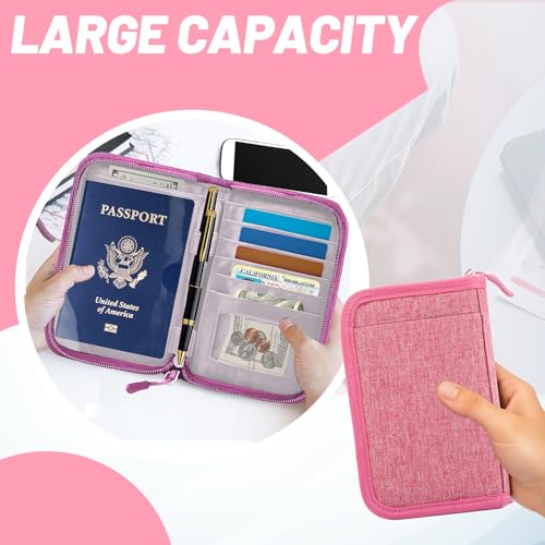 Passport Holder for Travel, RFID Blocking Wallet for Couples Men and Family - color: Pink