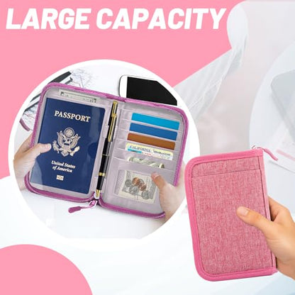 Passport Holder for Travel, RFID Blocking Wallet for Couples Men and Family - color: Pink