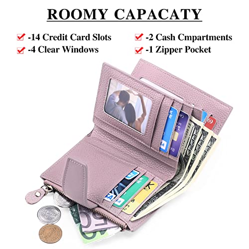 FALAN MULE Small Wallet Women RFID Blocking Leather Bifold Compact Card Holder Wallet with Zipper Coin Pocket - color: Light purple