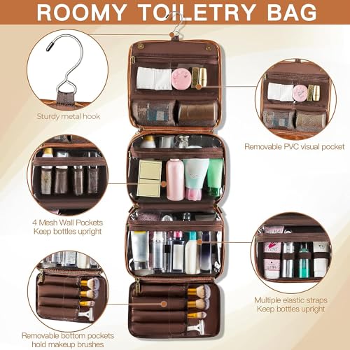 Elviros Hanging Toiletry Bag for Men PU Leather Shaving Dopp Kit (Brown) - color: Brown, size: 1 Pack