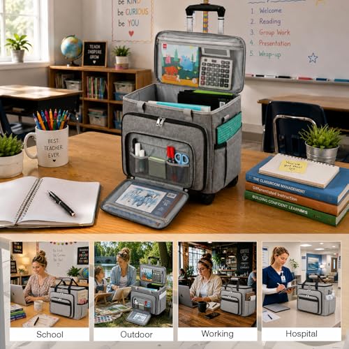 Rolling Teacher Bag With Wheels, Tote Organizer With Detachable Trolley - color: gray, size: 5 Wheels