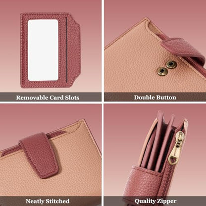 Airkit Small Wallet Women RFID Blocking Vegan Leather Bifold Compact Card Holder Wallet for Women with Zipper Coin Pocket 4 ID Window - color: Colorblock - Blush Pink/Red
