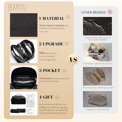 BOYATU Genuine Leather Travel Makeup Bag: Hand-made 3 Pcs Set Cosmetic Bags - color: 07Black