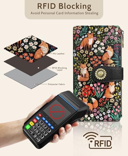GIANCOMICS Cute Fox Womens Wallet RFID Blocking, Credit Card Holder Bifold - color: Fox and Flowers