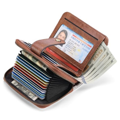 GAEKEAO Small Wallet for Women Leather RFID Blocking Bifold Zipper Pocket Credit Card Holder Card Case Wallets with ID Window - color: White&Brown