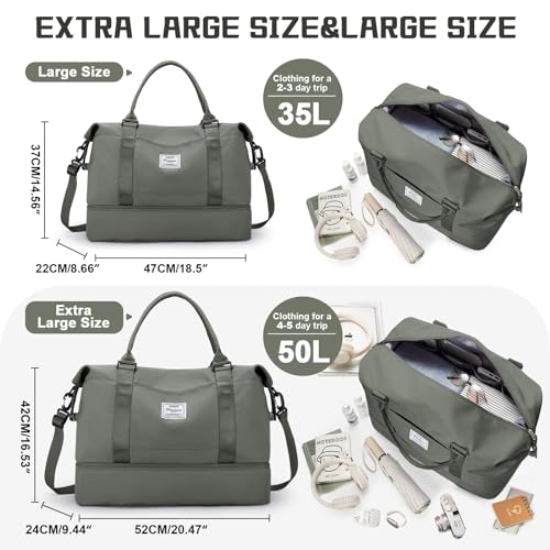 Travel Duffel Bag with Shoes Compartment,Weekender Bags for Women Travel - color: Olive Green, size: Extra Large