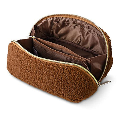 BYOOTIQUE Plush Makeup Bag Open Flat Travel Toiletry Accessories w/Handle - color: Brown, size: S