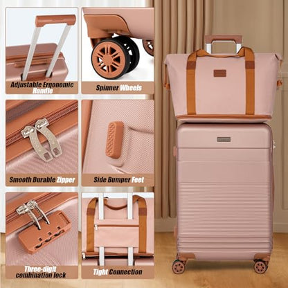 Cobens Luggage Sets 5 Piece with Spinner Wheels, 20/24/28inch - color: RoseGold