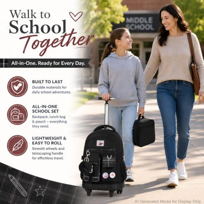 AGSDON Rolling Backpack for Girls, 21" Women Roller Wheels Bookbag, Laptop Wheeled Suitcase School Backpacks with Lunch Bag for Teens - color: Square Black