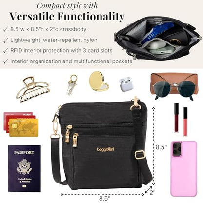 Baggallini Modern Pocket Crossbody Bag for Women, 8.5"x8.5" Handbag Purse with RFID, Lightweight Water-Resistant - color: Black W/ Gold Hardware