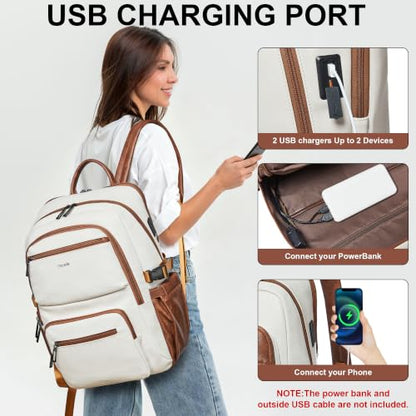 Leather Laptop Backpack for Women with RFID Wristlet Purse, Fits 17" Laptop - color: 1-1 Beige