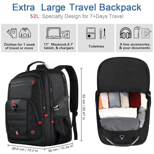 Z-MGKISS 52L Extra Large Travel Backpack for Men&Women, Fit 17.3" Laptops - color: Black, size: 17.3 Inch (20''x15''x10'')