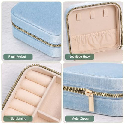 Plush Velvet Travel Jewelry Case Organizer Portable Storage Box - color: Light Blue