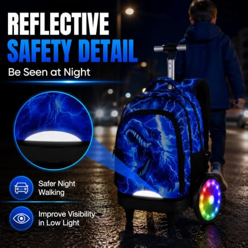 20 Inches Large Wheels Rolling Backpack for Boys with Light Up, 3Pcs Kids Lightning Dinosaur Wheeled Backpack Set for Elementary School (Blue) - color: Lightning Dinosaur(large Wheels)