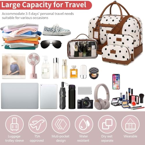 4PCS Weekender Bags for Women Large Overnight Weekend Travel Duffel Bags - color: Black Dot