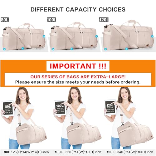 100L EXTRA LARGE Foldable Waterproof Travel Duffle Bag for Men and Women - color: Beige, size: 100L