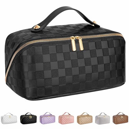 ALEXTINA Travel Makeup Bag, Checkered PU Leather Cosmetic Bag, Black - color: black, size: Medium