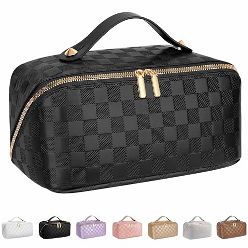 ALEXTINA Travel Makeup Bag, Checkered PU Leather Cosmetic Bag, Black - color: black, size: Medium