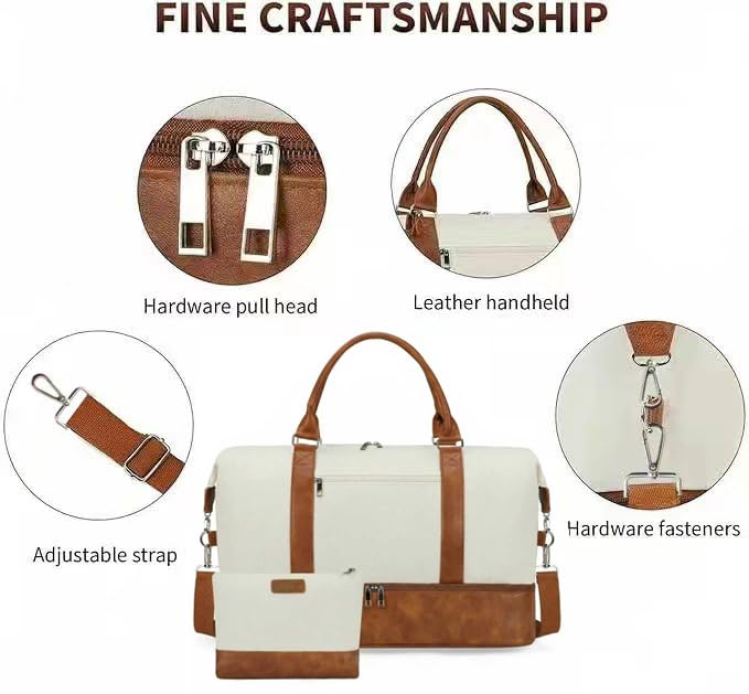 Women's Weekender bag Travel Duffel Bag with Shoe Compartment 21-inch Airline-Approved Carry-On, 2-Piece Overnight Bag Set Personal Item Luggage - color: D- BrownBeige