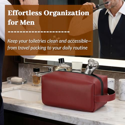 Leather Toiletry Bag for Men, Hanging Travel Toiletry Bag Dopp Kit | Water Resistant Bathroom Organizer with Waterproof Zipper & Handle - color: Wine Red
