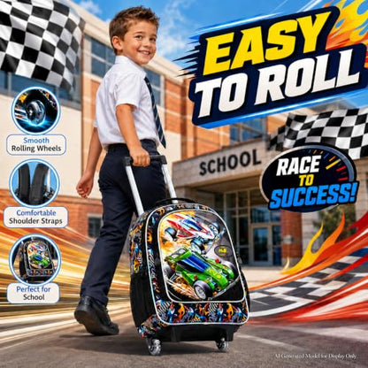 CCJPX Rolling Backpack for Boys, Kids Roller School Bag with Wheels Toddler Wheeled Bookbag Elementary - color: Red Green Race Car