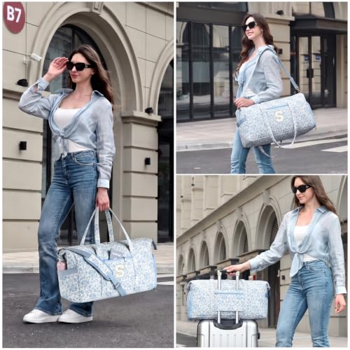 Personalized Quilted Duffle Bag for Travel Gym Weekender Hospital Carry On - color: Blue Flower, size: S