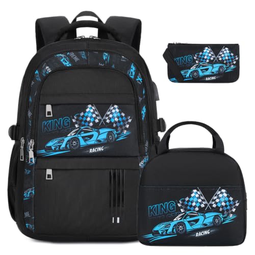 ACESAK Race Car Backpack for Boys - Boy Backpack Schoolbag with Lunch Bag - color: Blue Car