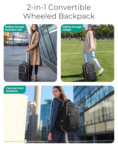 BAGSMART Rolling Backpack for Women, Wheeled Backpack with Packing Cube, Travel Back pack with Wheels, Carry On Suitcase Bag 17 Inch Large Roller Daypack, Champagne - color: Champagne