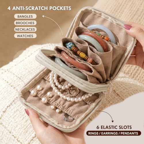 Double-Layer Travel Jewelry Pouch for Bangle, Necklaces, Rings (Beige) - color: Beige