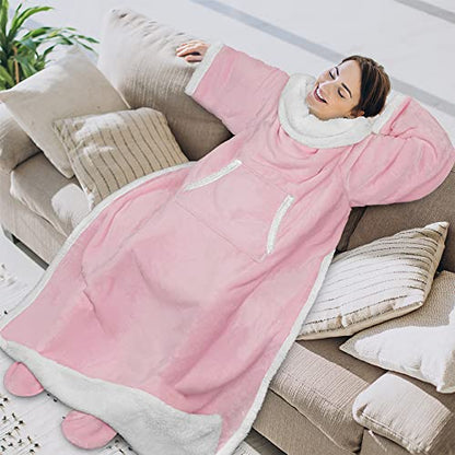 PAVILIA Sherpa Blanket with Sleeves and Foot Pockets for Women Men, Pink - color: Light Pink, size: Sherpa