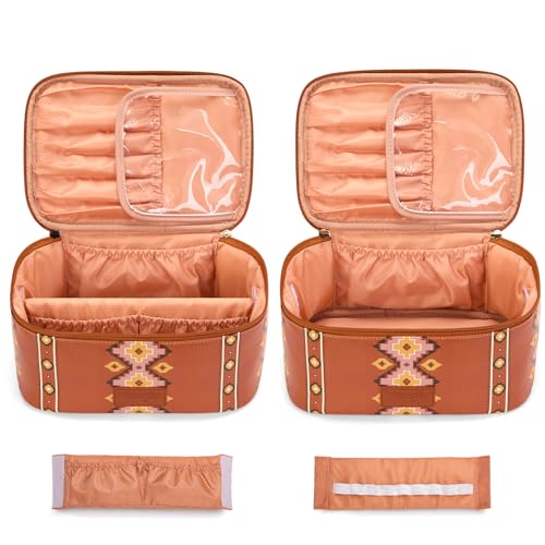 Wrangler Travel Makeup Bag 2pcs Set Cosmetic Bag with Makeup Brush Holder - color: Aztec-Brown