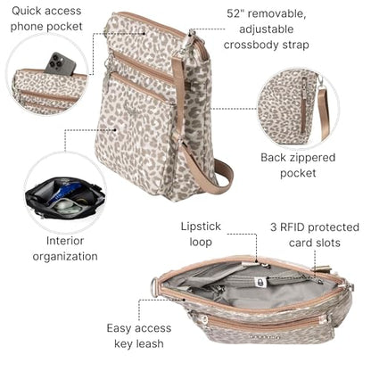Baggallini Modern Pocket Crossbody Bag for Women, 8.5"x8.5" Handbag Purse with RFID, Lightweight Water-Resistant - color: Mocha Cheetah Print