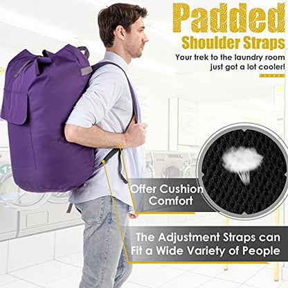 Backpack Laundry Bag, 115L Heavy Duty Extra Large College Laundry Backpack, Dirty Clothes Bag with Shoulder Straps, Laundry Hamper Bag with Drawstring Closure for College Dorm, Apartment Purple - color: Purple