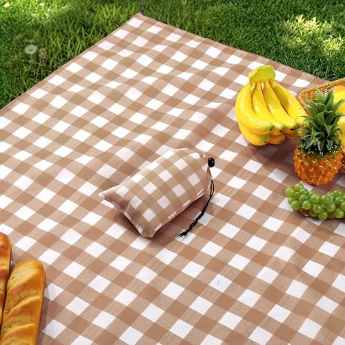 HunnmingRe Gingham Pocket Picnic Blanket Lightweight Portable, Khaki - color: Khaki, style: Gingham