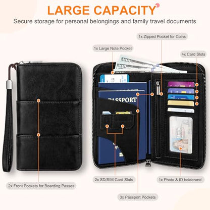 RFID Family Passport Holder Wallet - Travel Document Organizer - color: Black