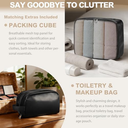 3‑PCS Leather Duffle Bag for Travel, Weekender Overnight Gym Bag Men Women - color: Black