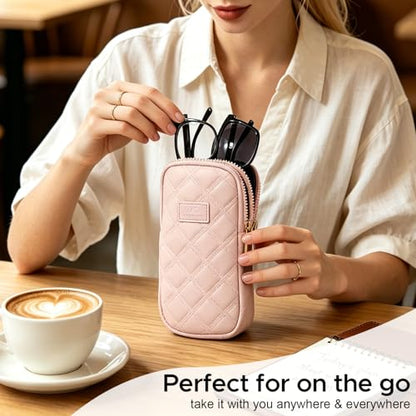 KINIVA Double Eyeglass Case for Men Women, 2-in-1 PU Dual Sunglasses Case, Scratch-Proof Travel Eyeglass Holder for Purse Car - style: Pink Lozenge