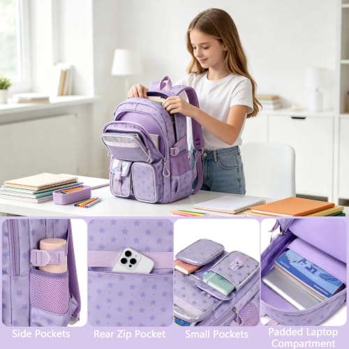 Kimwadalh Glitter Backpack with Plush Pendants for School Girls - color: Bling Star Purple