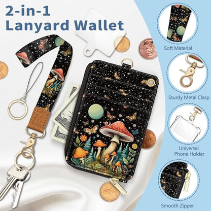 Lanyard Wallet with Id Badge Holder Keychain Card Women Mushroom - color: Mushroom Black
