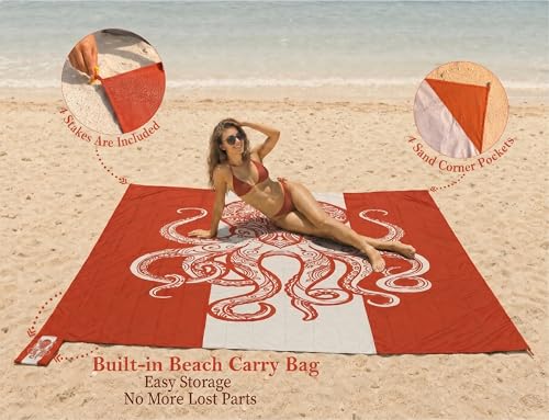 Beach Blanket Waterproof Sandproof with Stakes,Sand Pockets and Carry bag - color: Burntorange Octopus