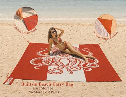 Beach Blanket Waterproof Sandproof with Stakes,Sand Pockets and Carry bag - color: Burntorange Octopus